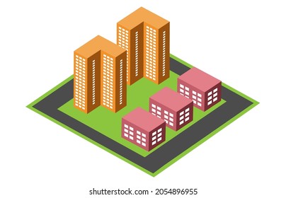 Vector isometric multicolor urban architecture block building of the modern city with a street townhouse apartment residential skyscraper of technology business equipment style urban isometric illustr