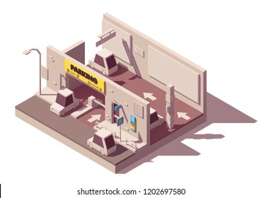 Vector isometric multistorey car parking garage with pay and display ticket machine and road barriers on the entrance