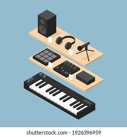 Vector Isometric Music Equipment Store Illustration. Shelves With Different Music Equipment - Speaker, Headphones, Microphone, Midi Pad, Mixer, Audio Interface And Piano.