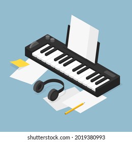 Vector isometric music production illustration. Music production equipment - piano with headphones and papers. Music composer concept. svg
