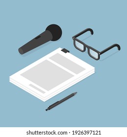 Vector isometric music recording contract concept illustration. Contract with pen, vocal microphone, and glasses.