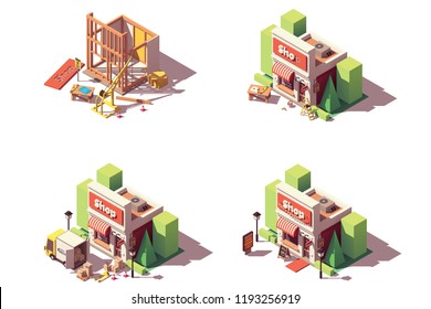 Vector isometric new shop or store opening icon set, includes shop construction, branding and decoration, goods and supplies delivery by truck and grand opening of the store icons