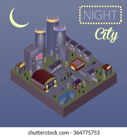 Vector isometric night city center map. Flat design. Building icon