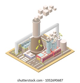 Vector Isometric nuclear factory low poly pixel building with huge pipes and pollution factory smoke gas. Industrial isometric factory structures and elements. Vector isometric illustration. EPS 10.