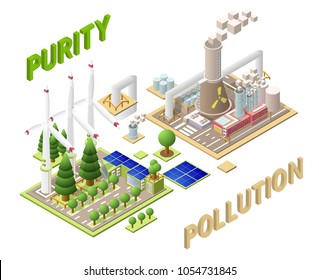Vector Isometric nuclear versus purity  factory low poly pixel building with huge pipes wind-driven generator and factory smoke gas. Industrial isometric factory structures and elements. EPS 10.
