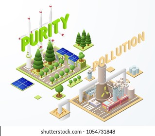 Vector Isometric nuclear versus purity  factory low poly pixel building with huge pipes wind-driven generator and factory smoke gas. Industrial isometric factory structures and elements. EPS 10.