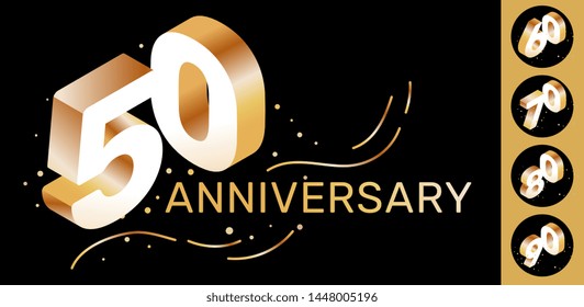 Vector isometric number 50 typography on black color background with different numbers. Creative illustration of shiny golden fifty with confetti. 3d style design for web, site, banner, greeting card