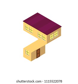 Vector Isometric vector number 7 seven yellow isolated on white town house in shape of letter 7 seven house of sity lettering funny 3d letter isometric house with red roof 