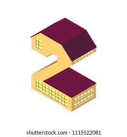 Vector Isometric vector number two 2 yellow isolated on white town house in shape of letter two 2 house of sity lettering funny 3d letter isometric house with red roof 