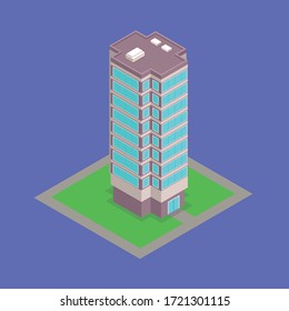 vector de construcción de oficinas isométricas con césped verde