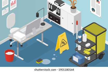 Vektorisometrische Büroreinigung Illustration. Büroräume in einem Prozess der Reinigung. Büroschreibtisch mit Computer und Reinigung von Gegenständen rund um die Uhr - Wagen mit Eimer, Reiniger, Schwamm und Schild.