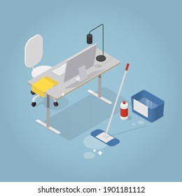 Vektorisometrische Büroreinigung Illustration. Büroräume in einem Prozess der Reinigung. Büroschreibtisch mit Computer und Reinigung von Gegenständen - ein Eimer mit Mop und Staubtuch.