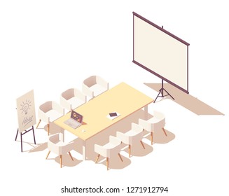 Vector isometric office conference or meeting room interior. Big desk, chairs, tv screen showing presentation charts, laptop