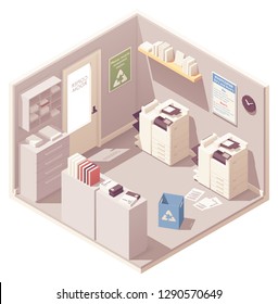 Vector isometric office copy room with two photocopiers or copy machines, filing cabinet for documents, folders with papers and trash can for unwanted copies