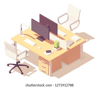 Vector isometric office desk. Wooden desk with two workplaces, desktop monitors, office chairs, lamp, other office equipment and stationery