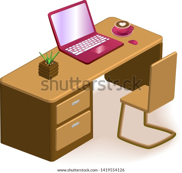 Vector Isometric Office Desk Wooden Desk Stock Vector Royalty