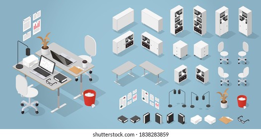 Vector isometric office furniture kit  Set objects: desk  bookcase  chair  lamp  folders  trash bin  houseplant  pile papers  charts   reminders the wall 