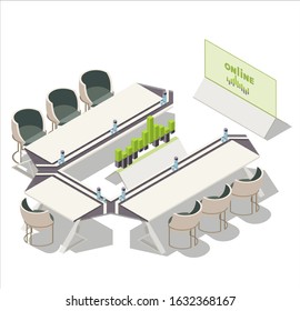 Vector isometric office, meeting room, conference room interior. TV screen showing diagram charts , chairs, stand with 3d diagram, bottles and glasses of water on table.
