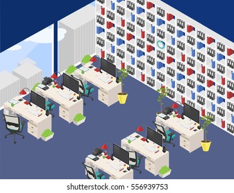 Vector isometric office open-plan room with detailed personal workplaces. Blue and white colors.