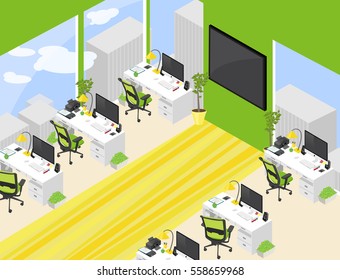 Vector isometric office open-plan room with detailed personal workplaces. Green and yellow colors.