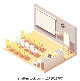 Vector Isometric Office Presentation Room Interior. Rows Of Chairs And Seats, Projector Screen, Laptop, Flip Chart Board