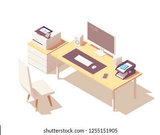 Vector isometric office room cross-section with desk, document organizer, desktop pc, chair, printer and robotic vacuum cleaner