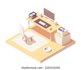 Vector isometric office room cross-section with desk, document organizer, desktop pc, chair, printer and robotic vacuum cleaner