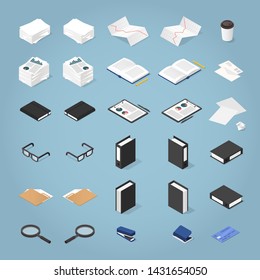 Vector isometric office supplies set: stack of paper, folder, file, pen, pencil, glasses, stationary, clipboard, diagram, open book, notebook, glasses, magnifier, letters, credit card.