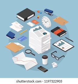 Vector isometric office work concept illustration. Stack of parer with clipboard, book, folder, pen, pencil, glasses, clock, stationery, diagram, file, magnifier, report, envelopes.