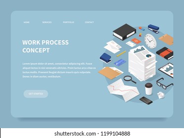 Vector isometric office work landing page concept. Stack of parer with clipboard, book, folder, pen, pencil, glasses, clock, stationery, diagram, file, magnifier, report, envelopes.