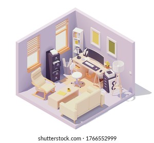 Vector isometric office workplace in home room. Office table and chair, modern wide screen computer monitor, cabinets with drawers, documents and paper, printer, desk lamp, sofa and coffee table