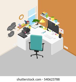 Vector isometric office workplace with objects and furniture. Detailed 3D infographic in flat style. Bright clip art elements for your design.