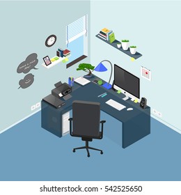 Vector isometric office workplace with objects and furniture. Blue and black colors. Detailed 3D infographic in flat style. Bright clip art elements for your design.