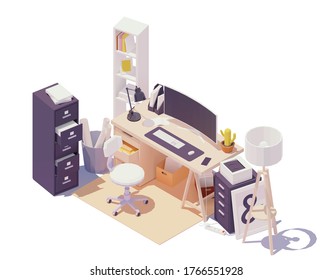 Vector isometric office workplace. Office table and chair, modern wide screen computer monitor, cabinets with drawers, documents and paper, printer, desk lamp