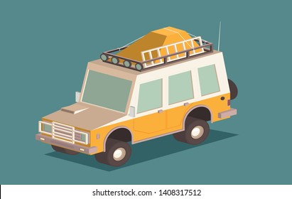 Vector isometric off-road SUV car with roof rack and offroading equipment