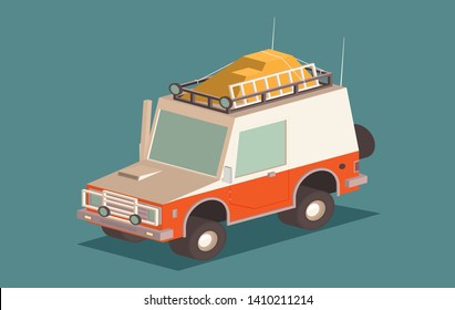 Vector isometric off-road SUV car with roof rack and offroading equipment