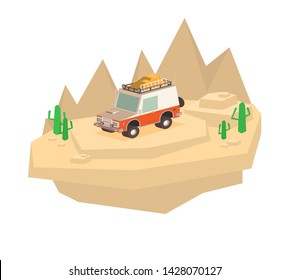 Vector isometric off-road SUV car with roof rack and offroading equipment