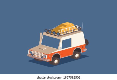 Vector isometric off-road SUV car with roof rack and offroading equipment