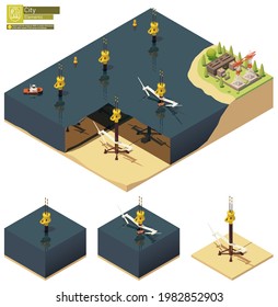 Vector isometric offshore tidal power plant. Tidal electricity production by offshore turbine generators. Tidal energy and ocean current generating electricity