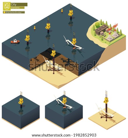 Vector isometric offshore tidal power plant. Tidal electricity production by offshore turbine generators. Tidal energy and ocean current generating electricity