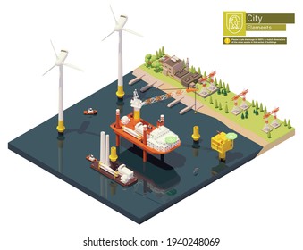 Vector isometric offshore wind farm and power plant construction. Includes turbine installation vessel with crane and barge loaded with wind turbine parts, transformer station, power station