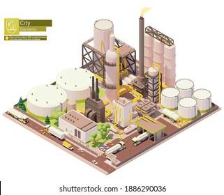 Vector isometric oil refinery plant with tankers for crude oil, processing facilities and petroleum storage tanks. Petrochemical plant infrastructure
