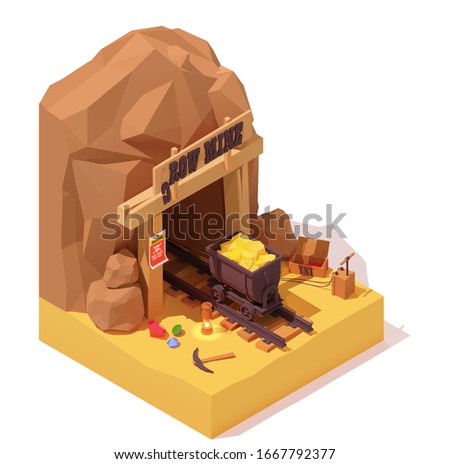 Vector isometric old gold mine entrance and rusty mine cart or mine trolley loaded with gold. Dynamite or TNT detonator, vintage lamp, mining equipment, precious gemstones. Cryptocurrency mining