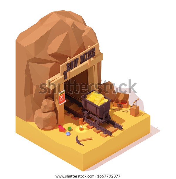 Vector isometric old gold mine entrance and rusty\
mine cart or mine trolley loaded with gold. Dynamite or TNT\
detonator, vintage lamp, mining equipment, precious gemstones.\
Cryptocurrency mining