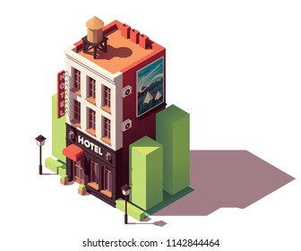 Vector isometric old hotel building with neon sign and travel related advertising on the billboard