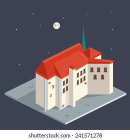 Vector isometric old houses with red tiled roofs at night
