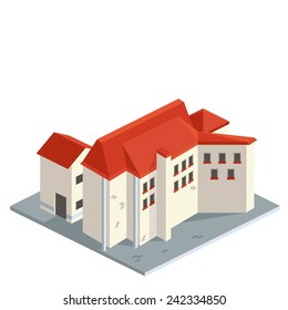 Vector isometric old houses with red tiled roofs