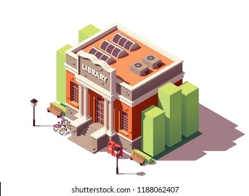 Vector isometric old public library brick building with columns and bicycle parking