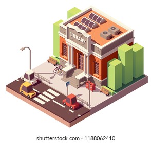 Vector Isometric Old Public Library Brick Building With Columns And Bicycle Parking