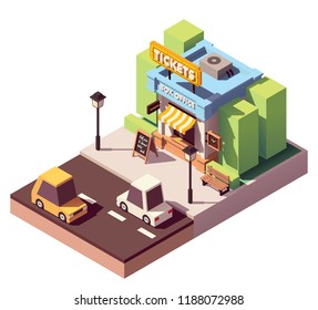 Vector isometric old ticket office or box office building with neon sign